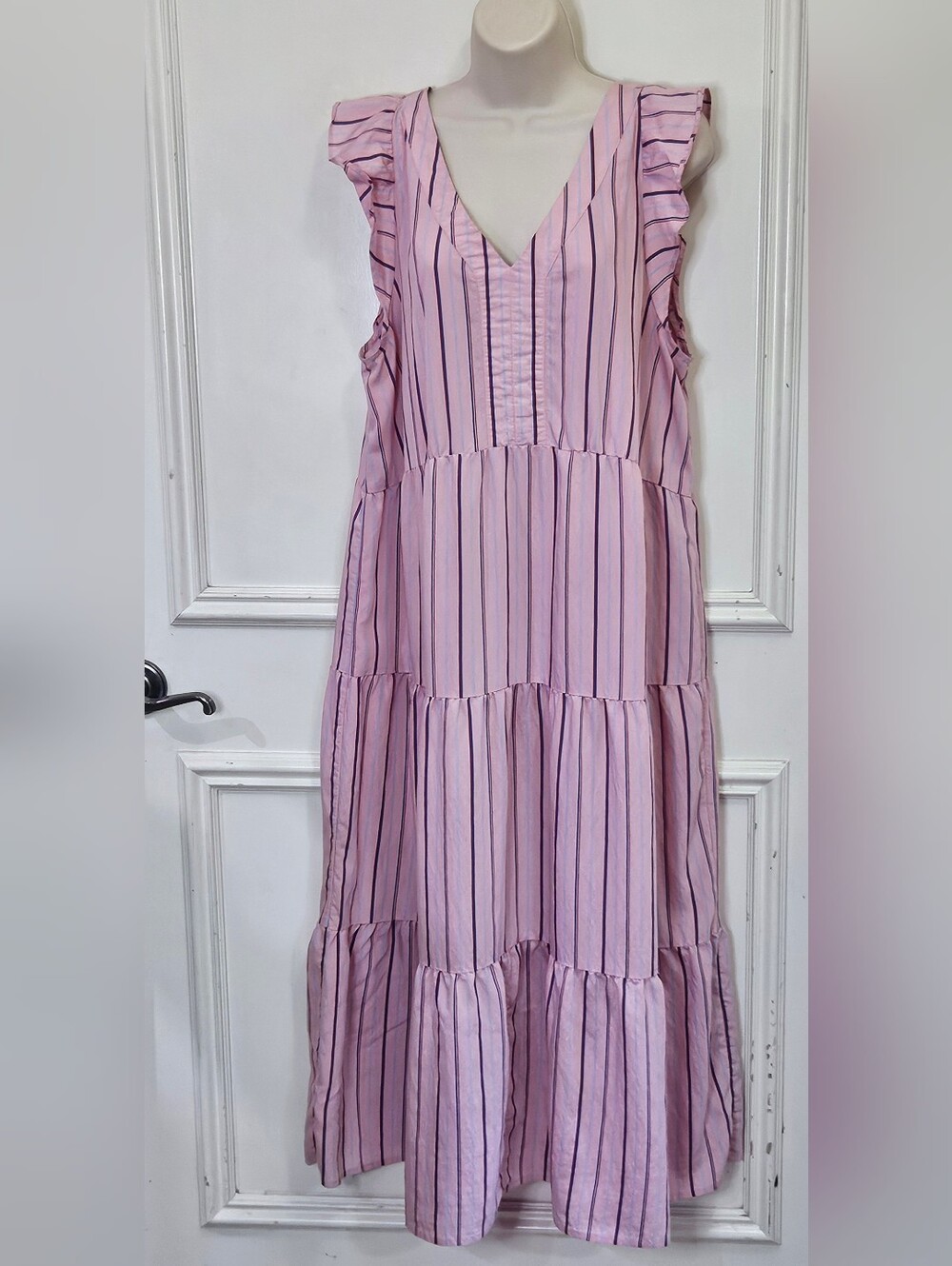 LOFT Pink/Blue Pinstripe Ruffle Shoulder Tiered Midi Dress,X-Large